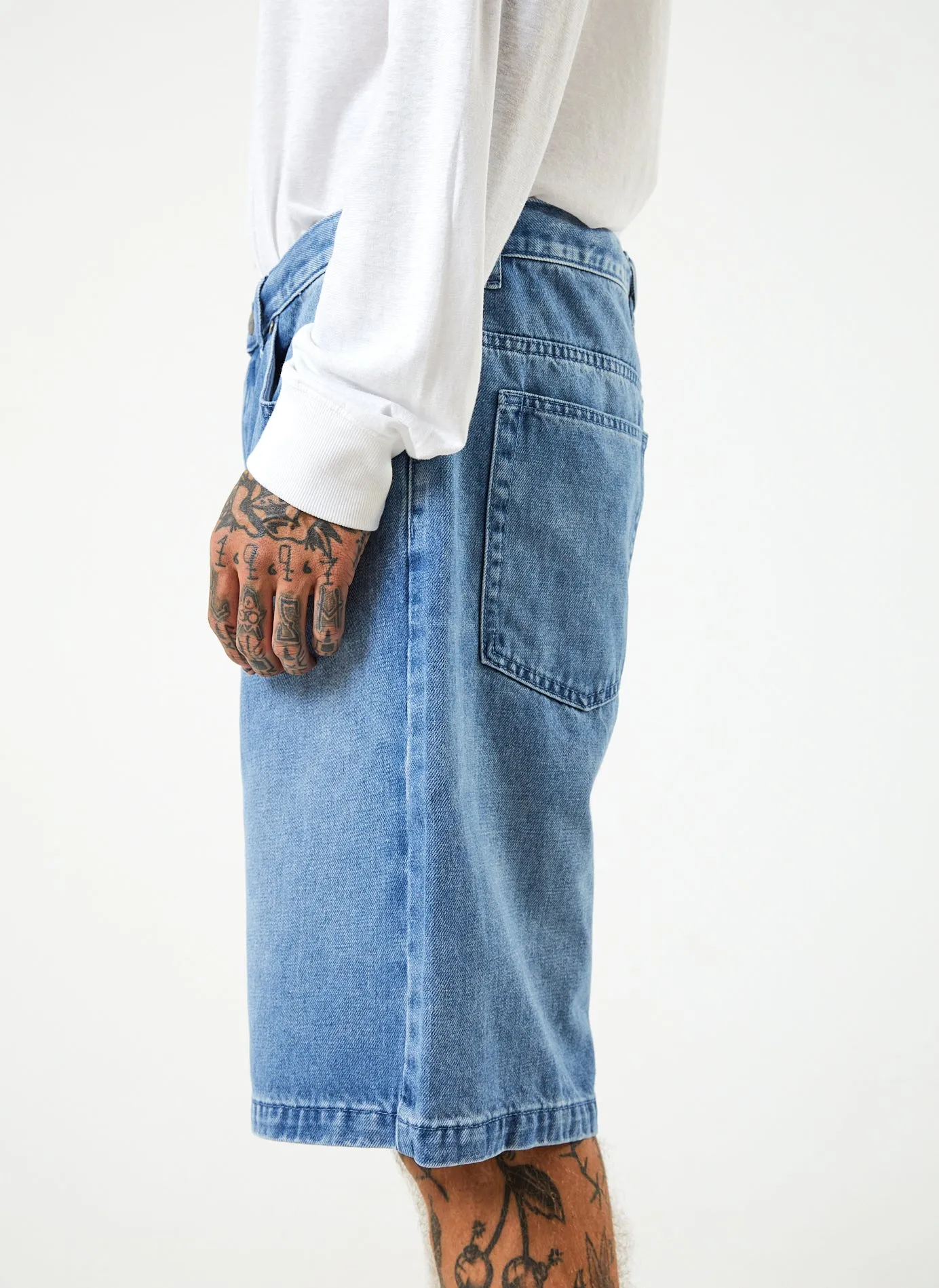 Afends Mens Lil C - Hemp Denim Baggy Shorts - Worn Blue