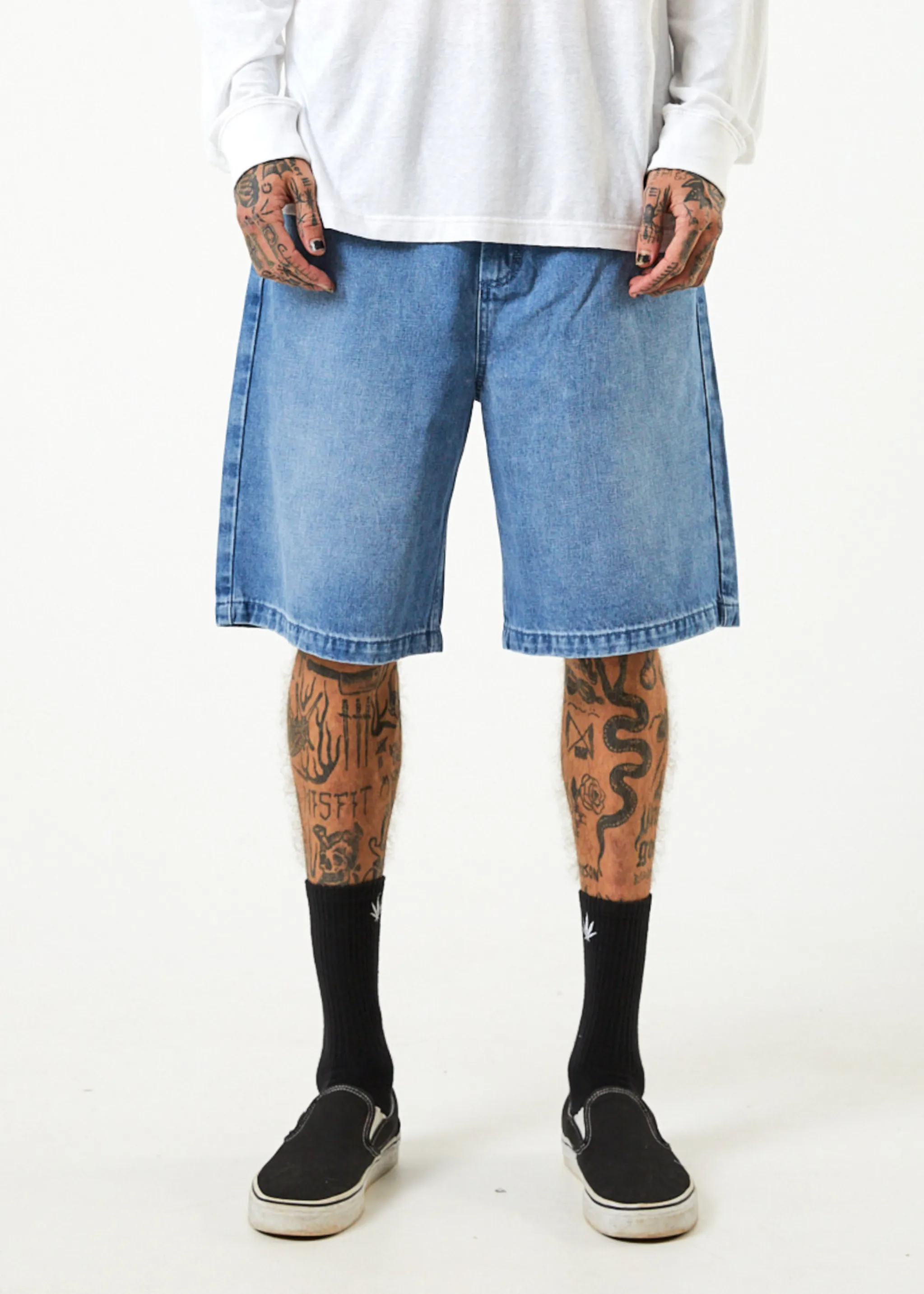 Afends Mens Lil C - Hemp Denim Baggy Shorts - Worn Blue