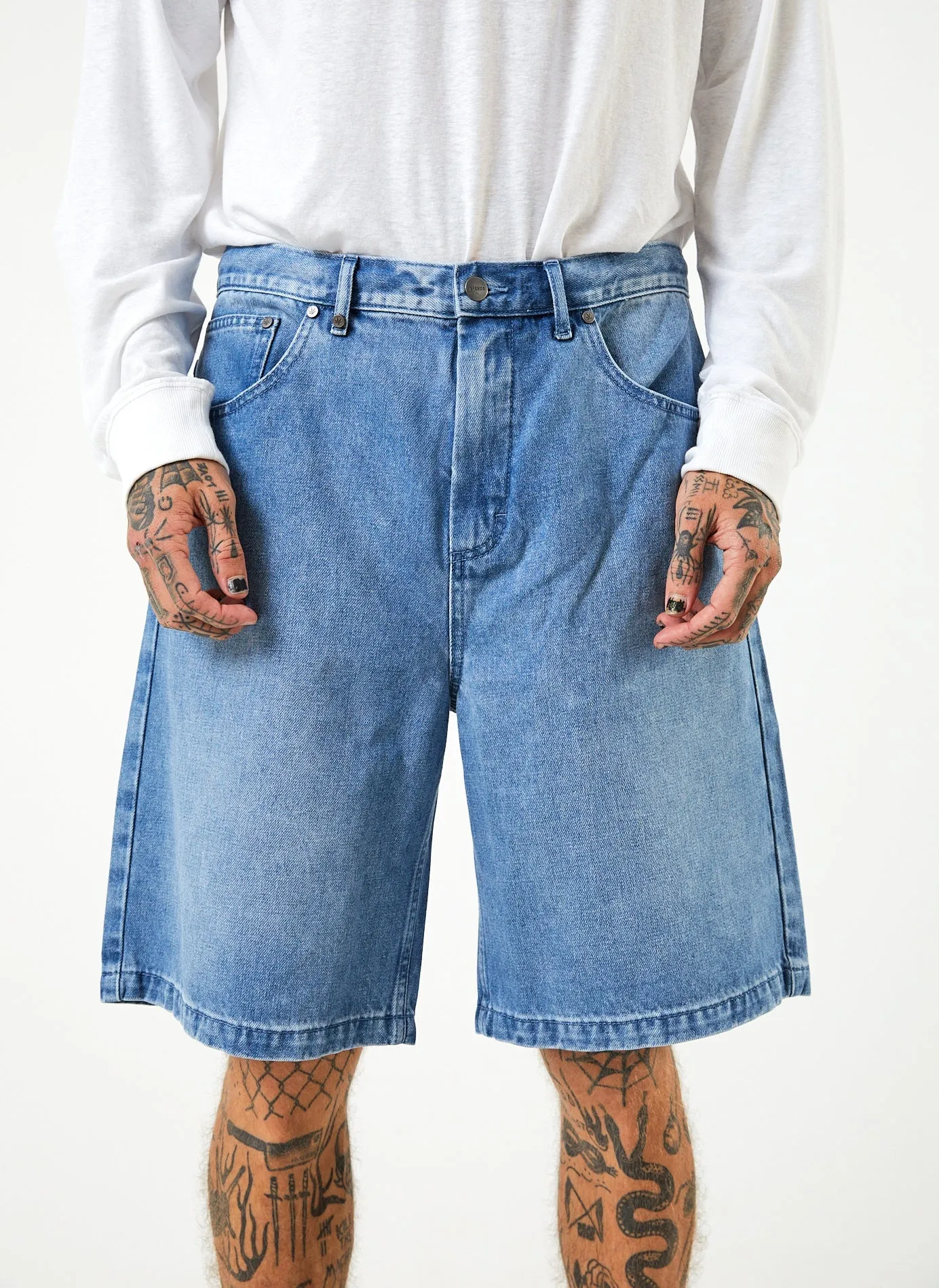 Afends Mens Lil C - Hemp Denim Baggy Shorts - Worn Blue