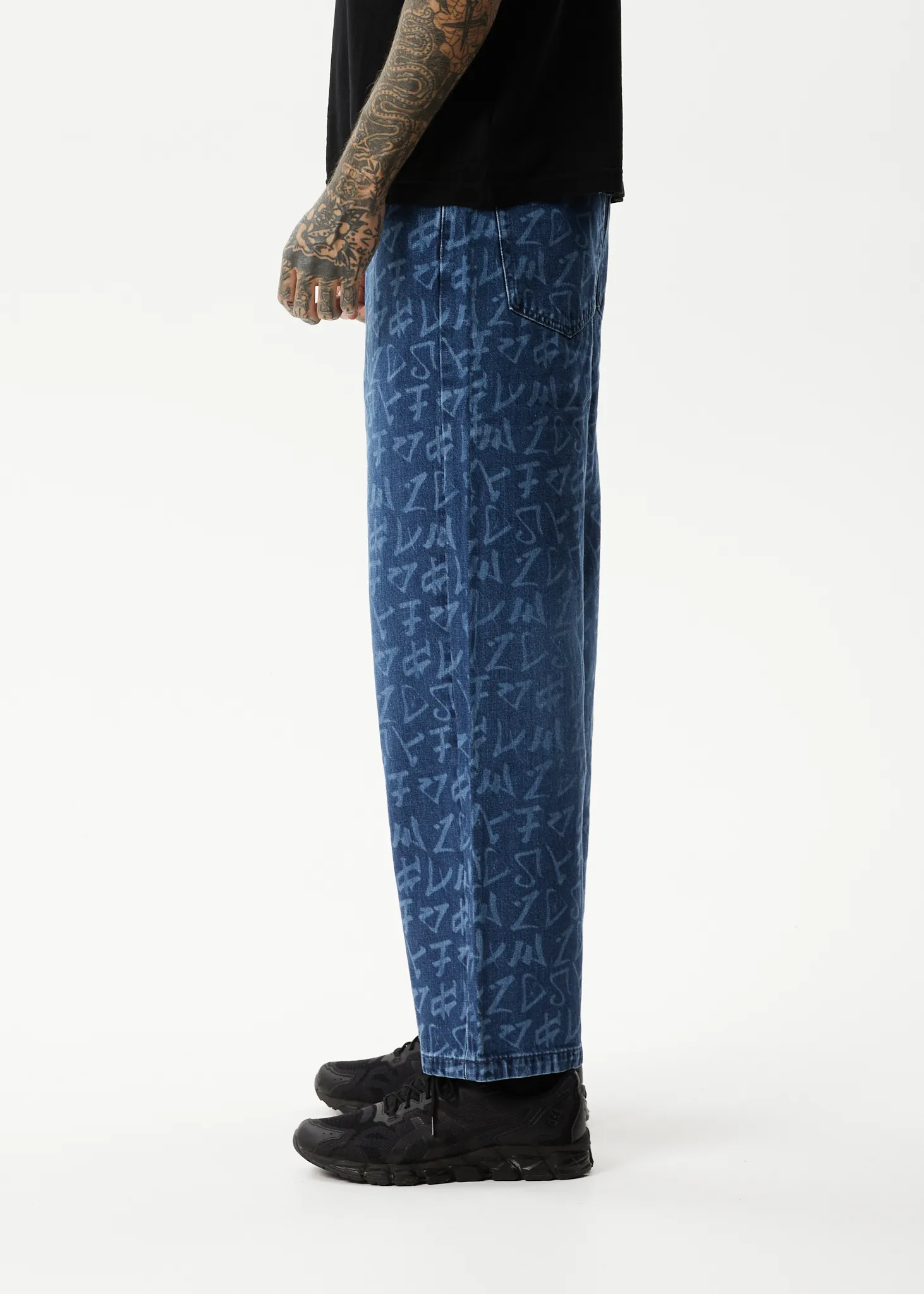 AFENDS Mens Tagged Pablo - Denim Baggy Jeans - Graffiti Blue