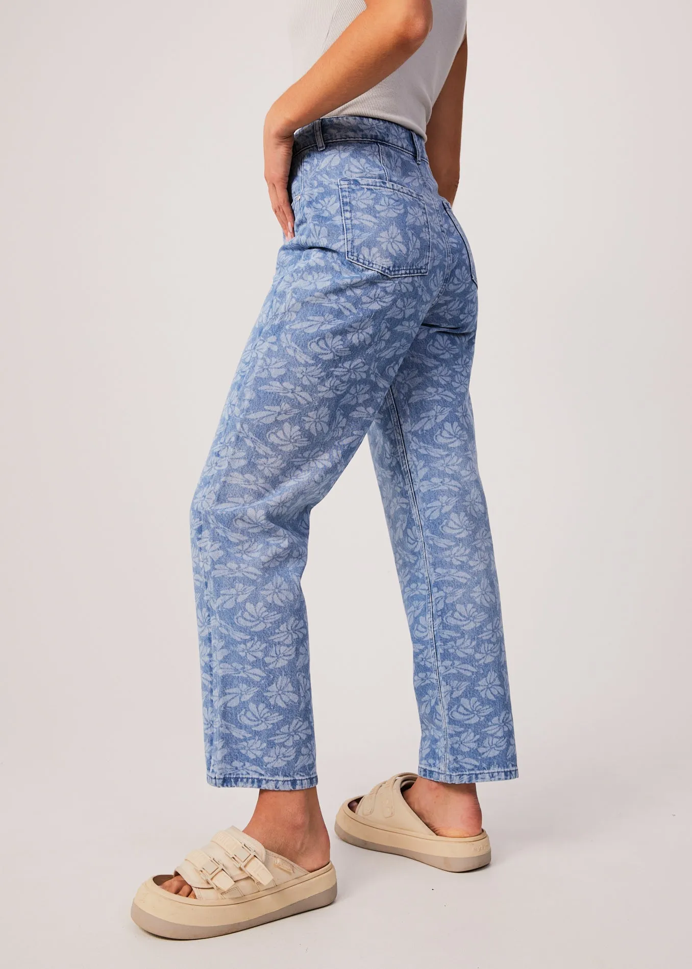 AFENDS Womens Shelby Long - Denim Floral Wide Leg Jeans - Floral Blue