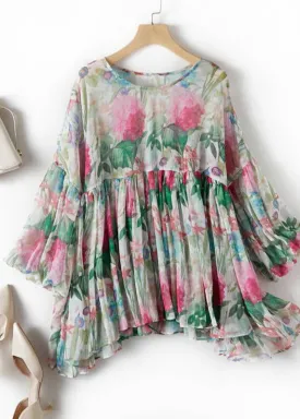 Beautiful Multicolor O-Neck Print Patchwork Silk Tops Summer TR009