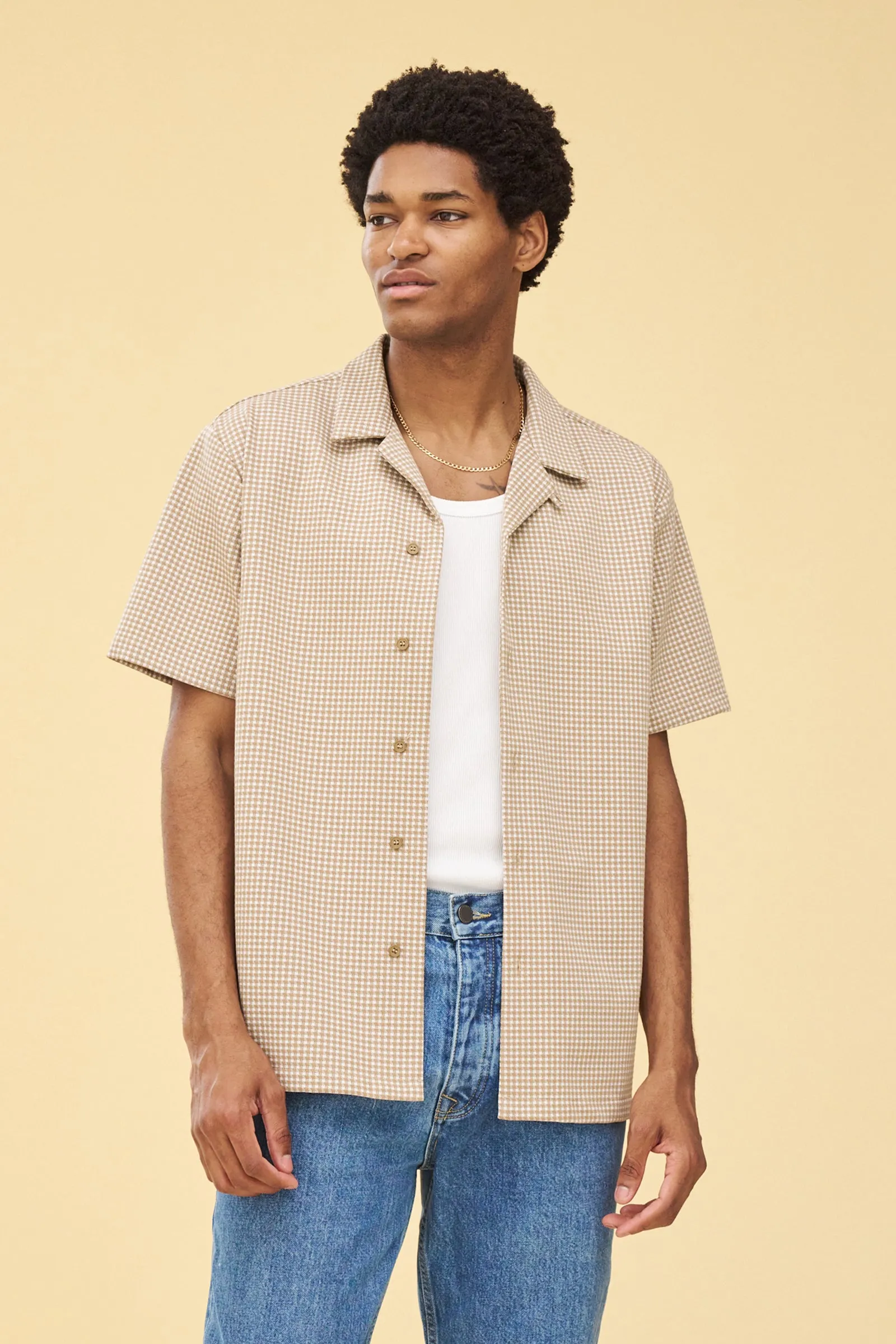 BEIGE DOGTOOTH JACQUARD CUBAN SHIRT