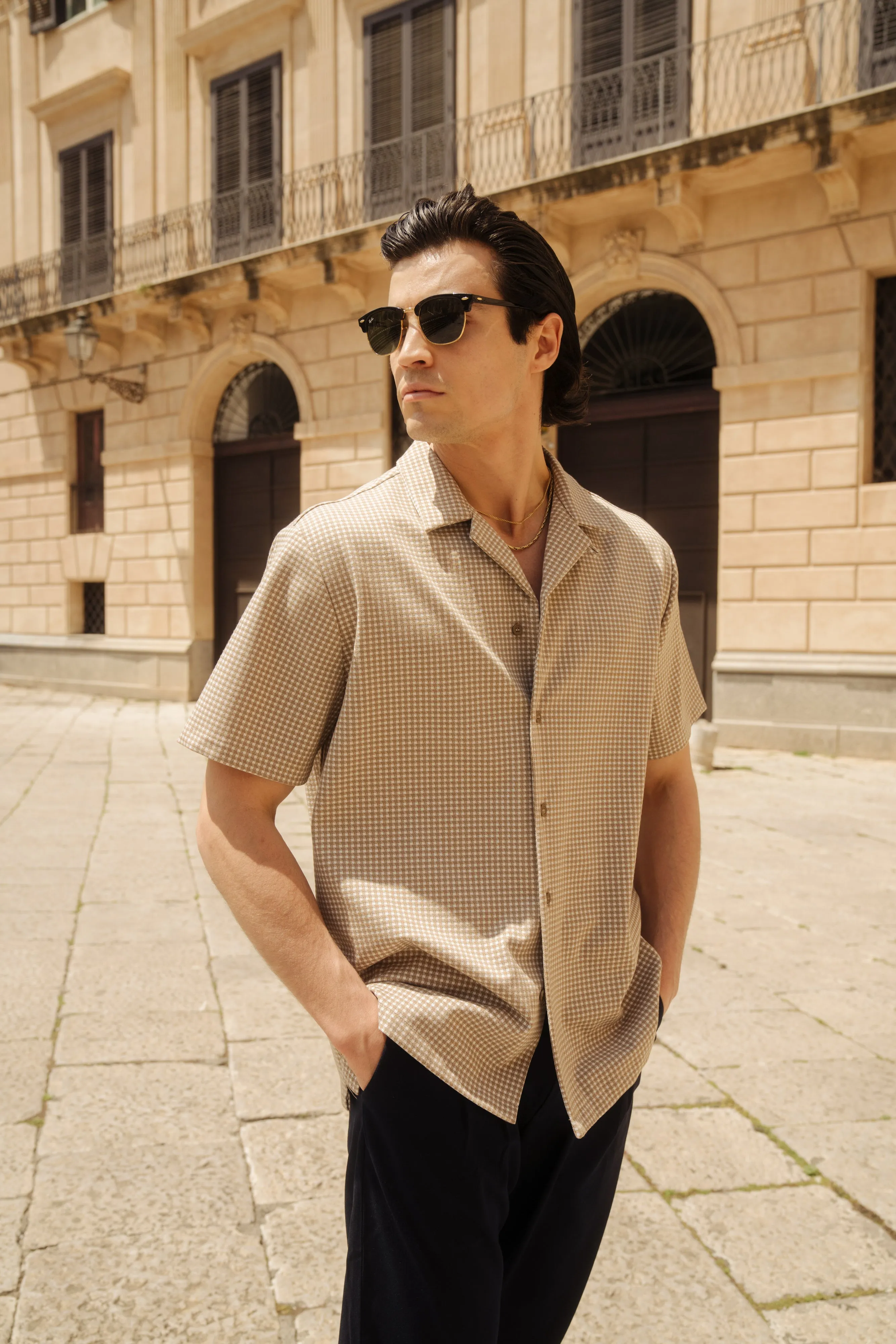 BEIGE DOGTOOTH JACQUARD CUBAN SHIRT