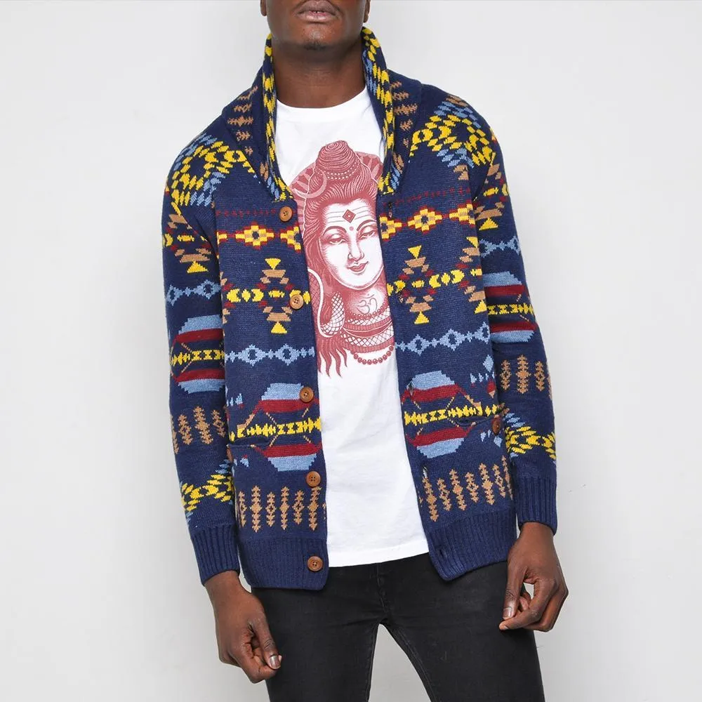 Bellfield - Aztec Cardigan - Mens Knitwear - Navy