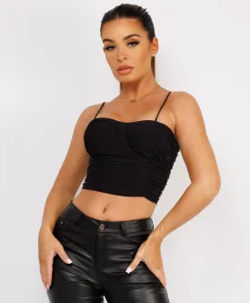 Black Mesh Spaghetti Strap Ruched Crop Top