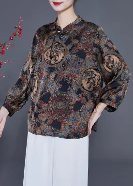 Black Print Silk Blouse Tops Stand Collar Tassel Spring LY2349