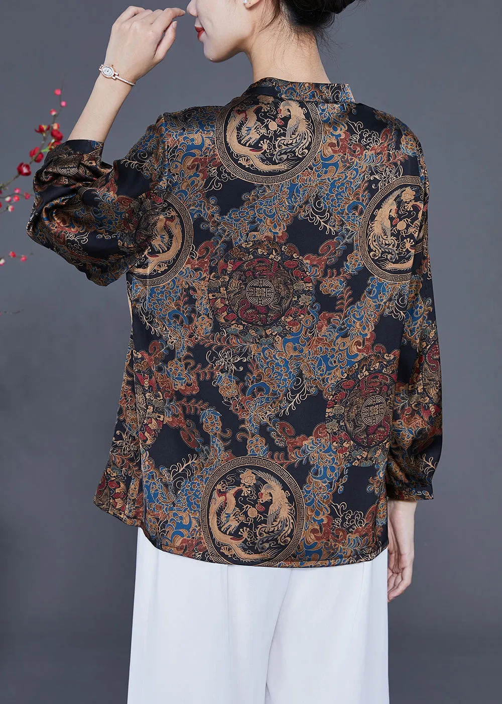 Black Print Silk Blouse Tops Stand Collar Tassel Spring LY2349