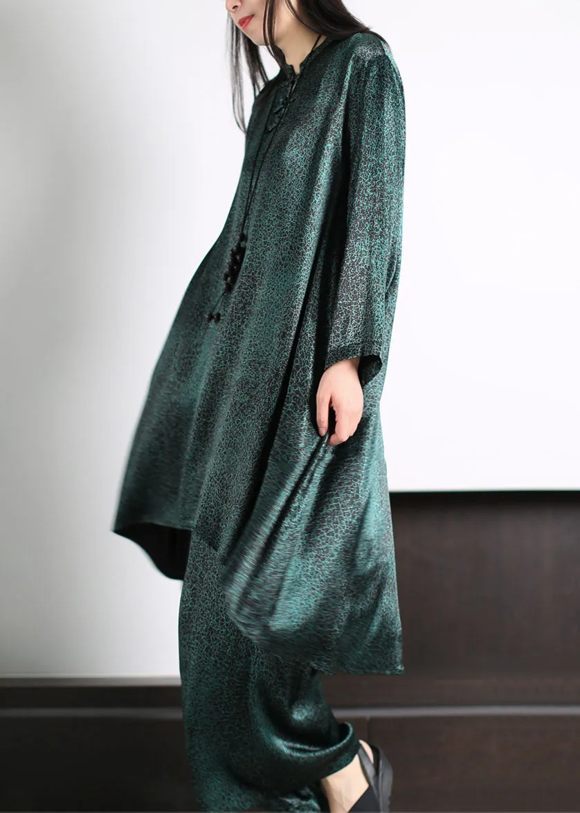 Blackish Green Patchwork Tops And Pants Silk Two Pieces Set Long Sleeve LY5179