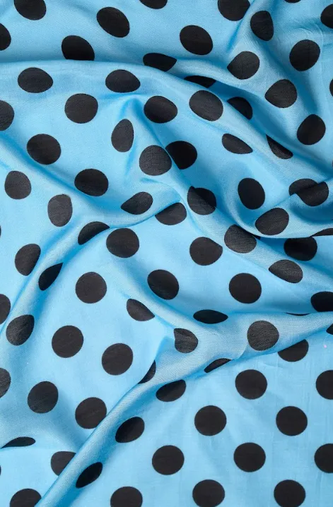 Blue-Black Polka Dot Pattern Printed Natural Muslin Silk Fabric