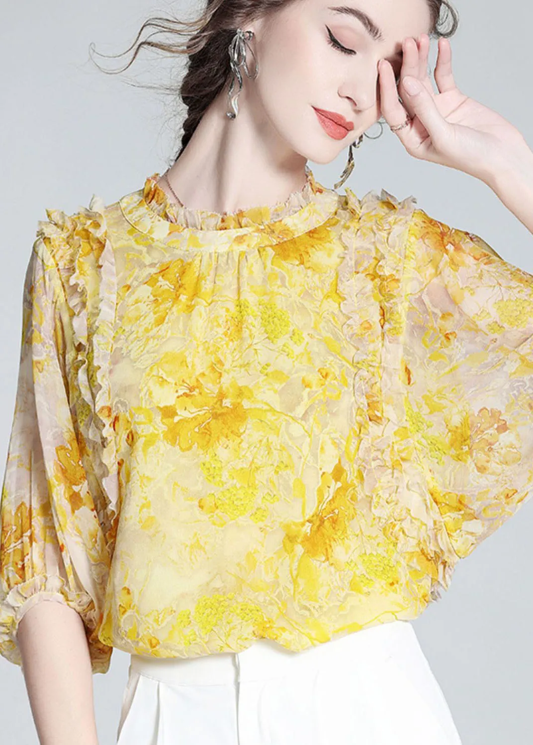 Bohemian Yellow Ruffled Print Silk Blouse Tops Bracelet Sleeve LY0144