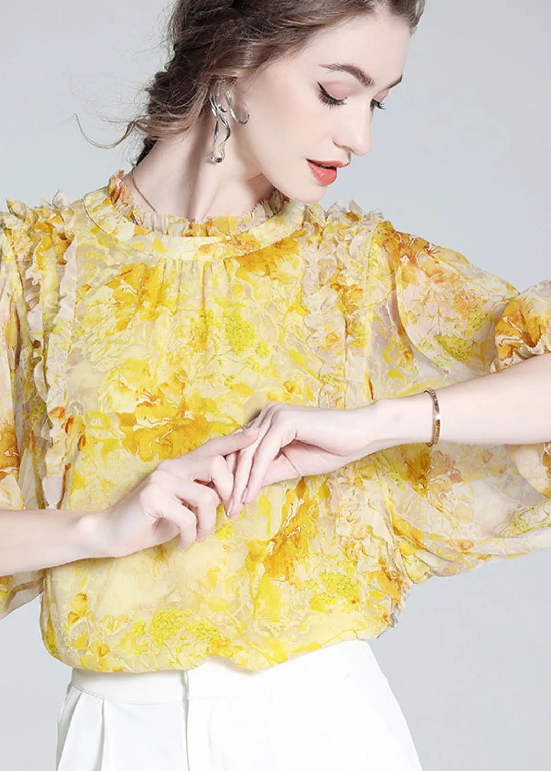 Bohemian Yellow Ruffled Print Silk Blouse Tops Bracelet Sleeve LY0144