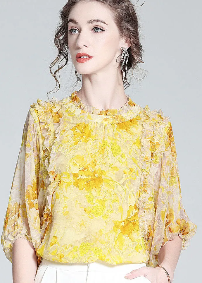 Bohemian Yellow Ruffled Print Silk Blouse Tops Bracelet Sleeve LY0144