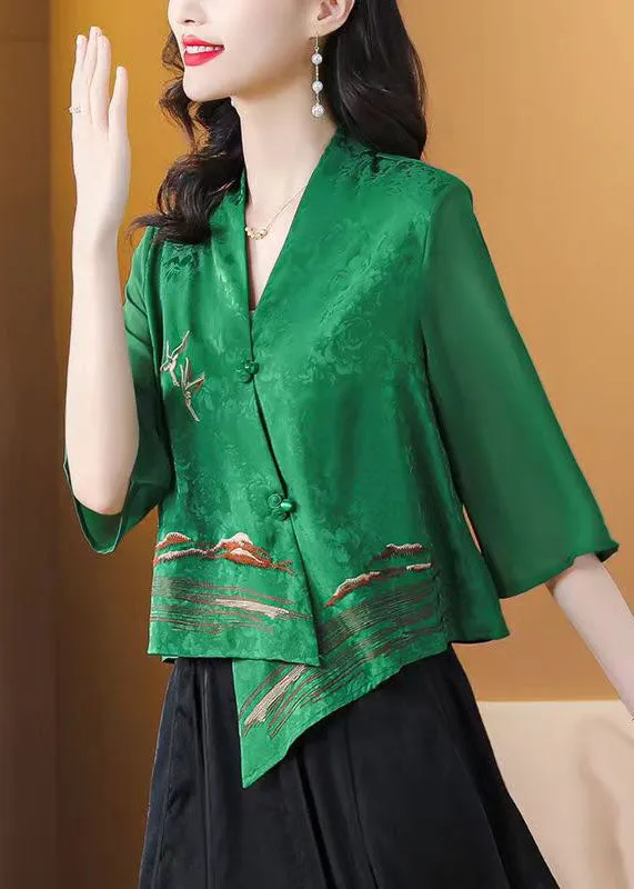 Boutique Green Asymmetrical Embroideried Silk Shirt Tops Bracelet Sleeve LY6691