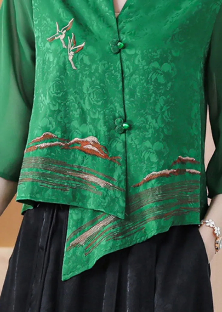 Boutique Green Asymmetrical Embroideried Silk Shirt Tops Bracelet Sleeve LY6691