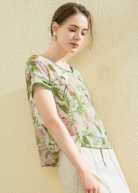 Boutique Green O-Neck Print Silk Shirt Tops Summer LY0065