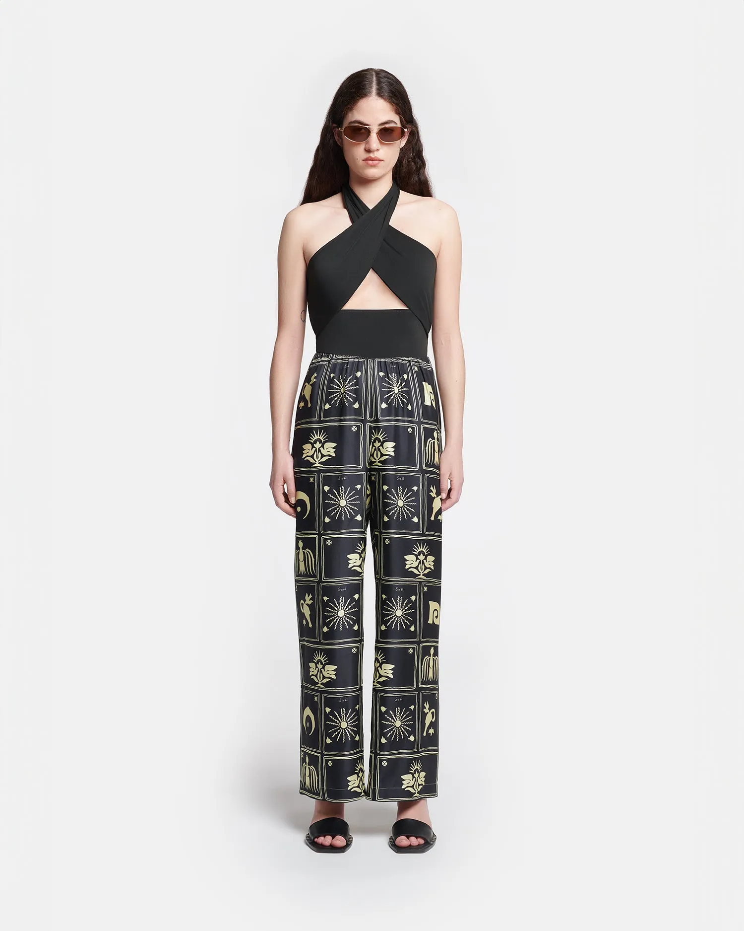 Brenda - Printed Silk-Twill Pants - Folk Art Black