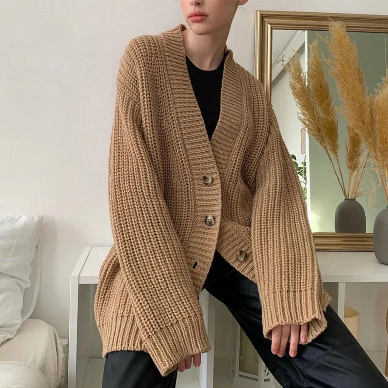 Casual Oversized Knitted V-neck Cardigan Sweaters