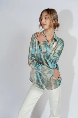 Catherine Gee Daria French Cuff Silk Blouse | Aqua Snake