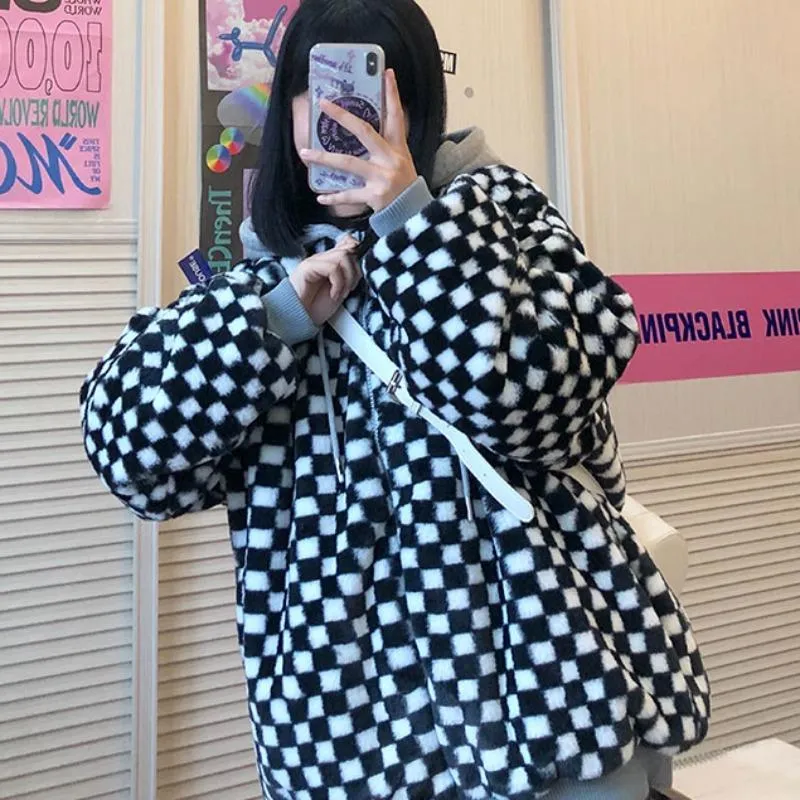 Checkered Aesthetic Soft Fluffy Zipper Hooded Jacket