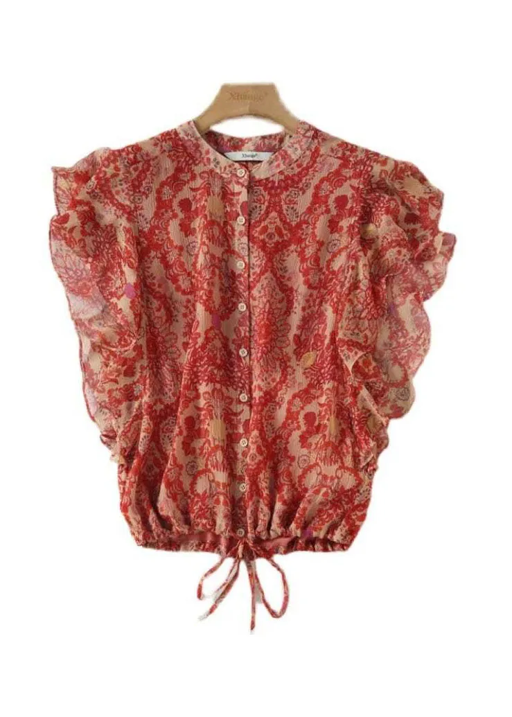 Chic Red Ruffled Print Patchwork Silk Shirt Tops Summer LY0389