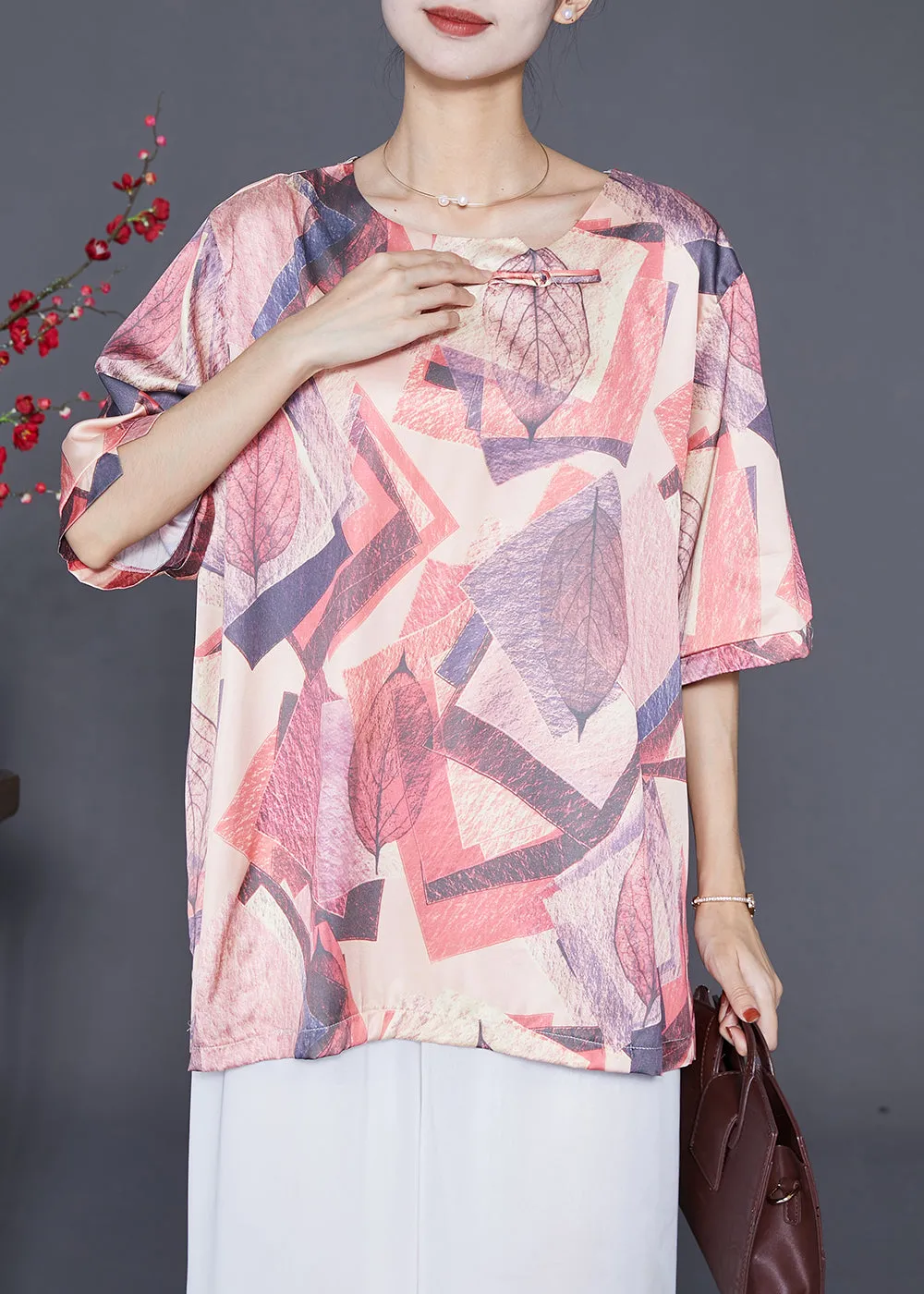 Classy Khaki Oversized Print Silk Shirt Tops Summer LY6556