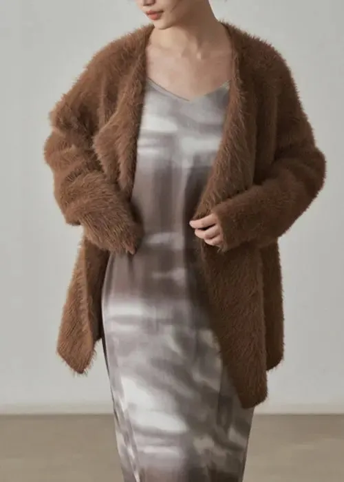 Coffee Chunky Mink Hair Knitted Cardigan V-Neck Long Sleeve ML3276