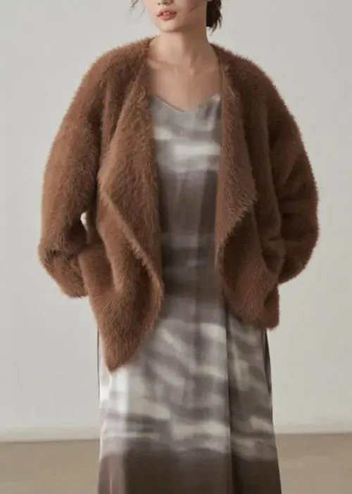 Coffee Chunky Mink Hair Knitted Cardigan V-Neck Long Sleeve ML3276