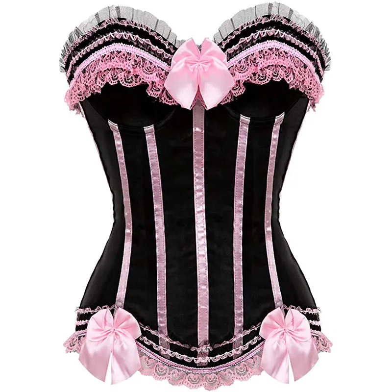 Cosplay Bowknot Hourglass Satin Lace Trim Overbust Corset