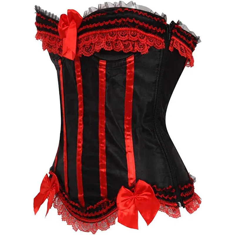 Cosplay Bowknot Hourglass Satin Lace Trim Overbust Corset