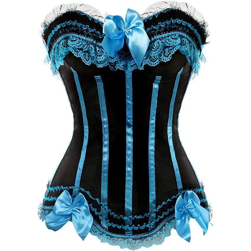 Cosplay Bowknot Hourglass Satin Lace Trim Overbust Corset