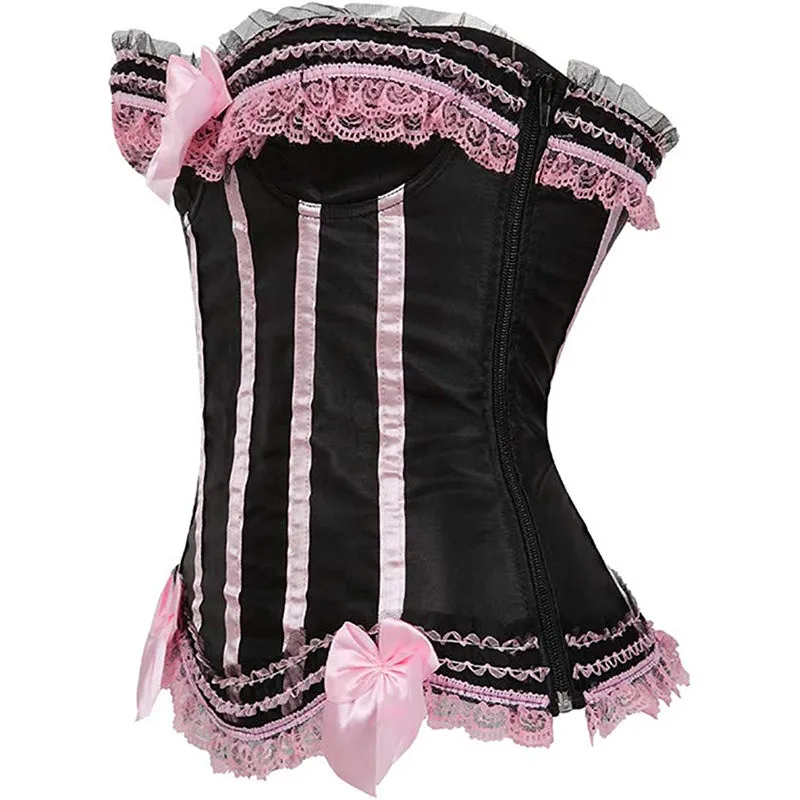 Cosplay Bowknot Hourglass Satin Lace Trim Overbust Corset