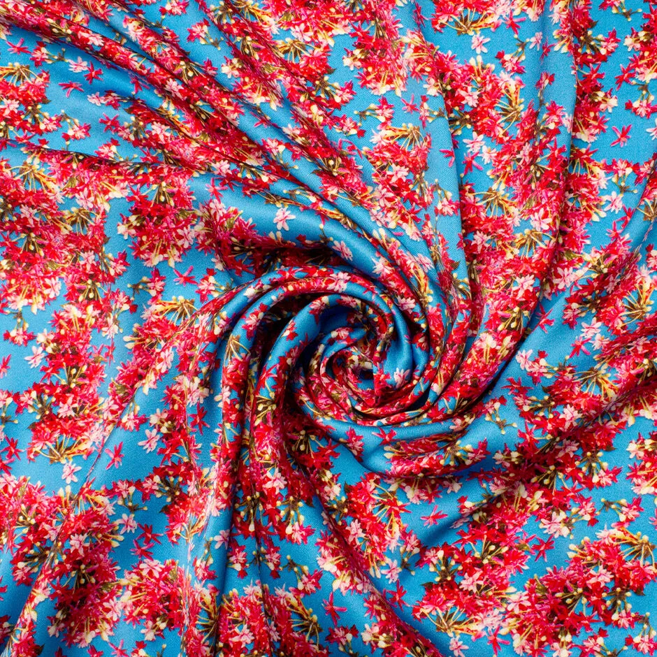 Crimson Pink Floral Printed Sky Blue Double Silk Satin Crêpe