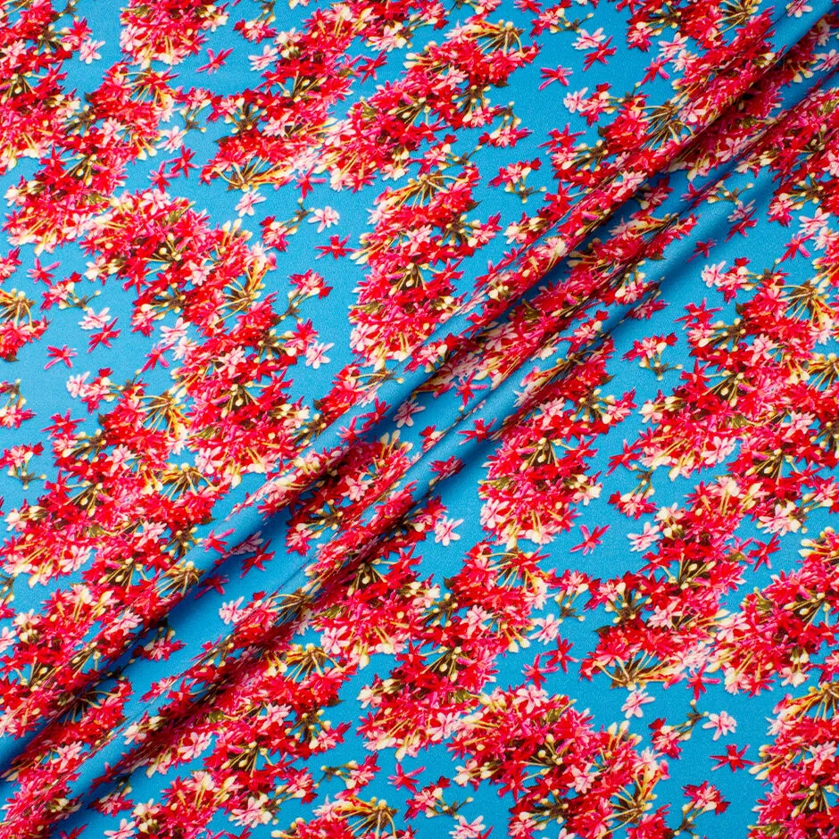 Crimson Pink Floral Printed Sky Blue Double Silk Satin Crêpe