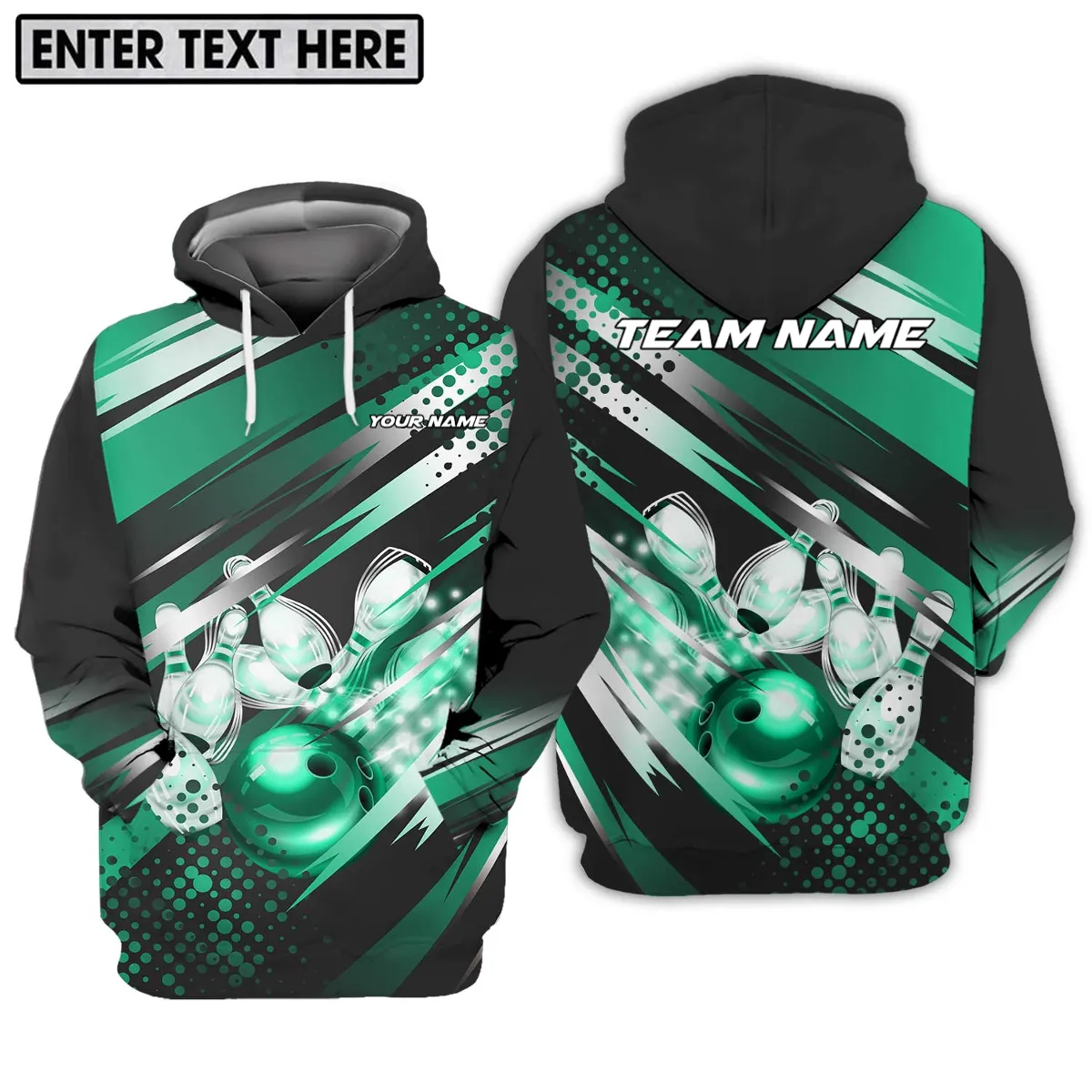 Custom Emerald Bowling Ball And Pins 3D Sweatshirt Hoodie, Personalized Name And Team Name Bowling Shirt