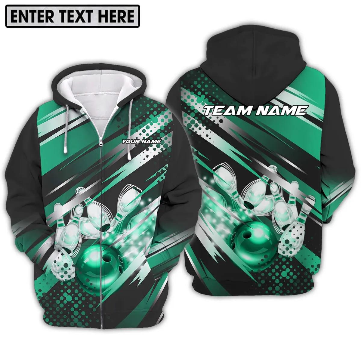 Custom Emerald Bowling Ball And Pins 3D Sweatshirt Hoodie, Personalized Name And Team Name Bowling Shirt