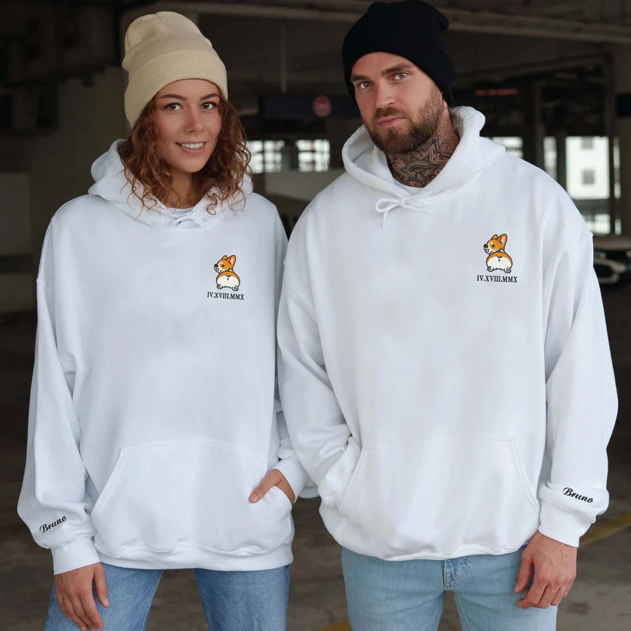 Custom Matching Couple Hoodie, Cartoon Embroidered Corgi Hoodie, Gift For Dog Mom Dog Dad