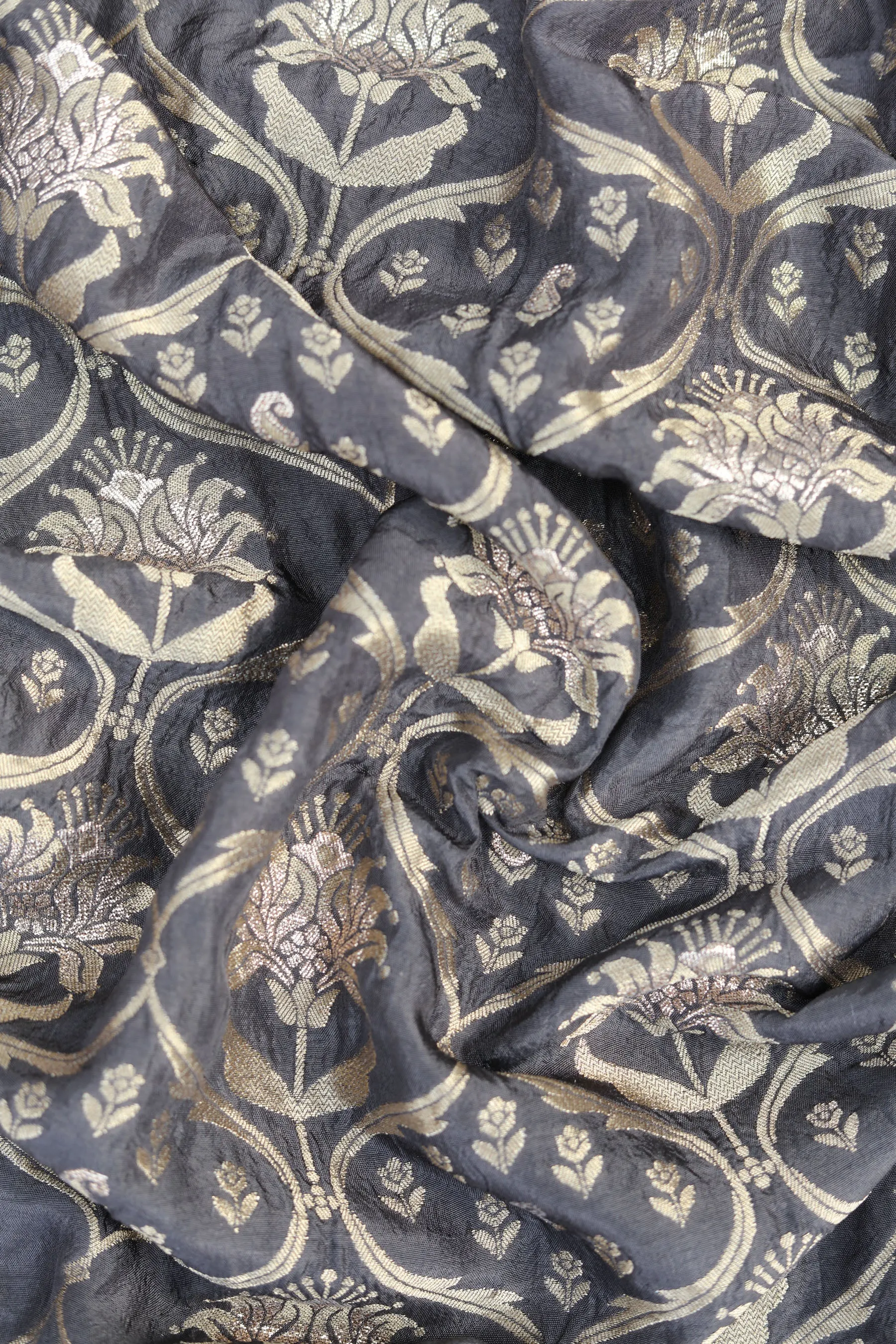 Dark Grey Floral/Paisely jaal, Pure Two Tone  Gold Silver Zari, Banarsi Jacquard Fabric