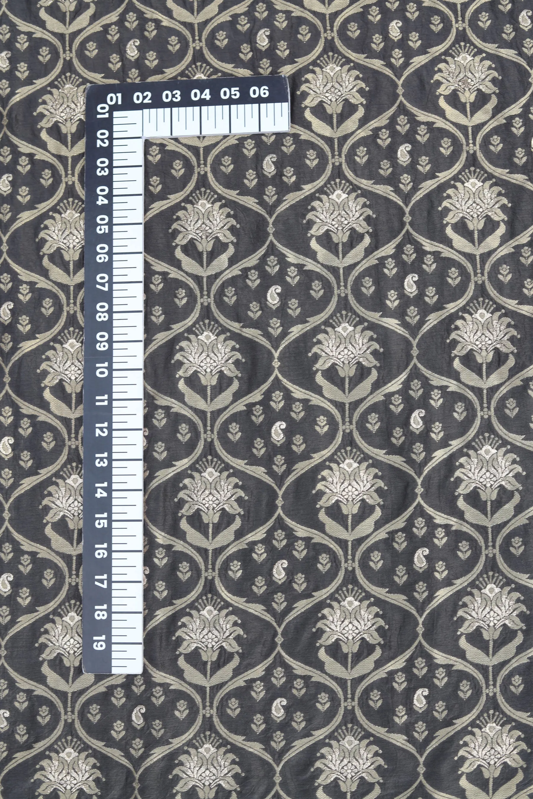 Dark Grey Floral/Paisely jaal, Pure Two Tone  Gold Silver Zari, Banarsi Jacquard Fabric