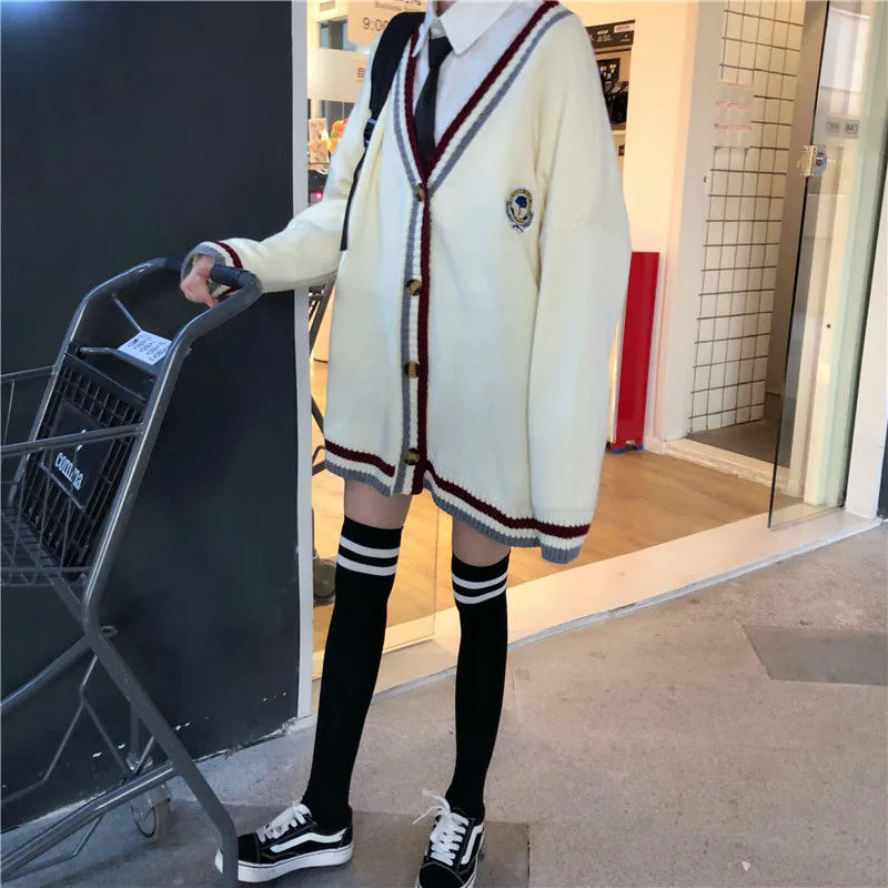 Fashionkova  Korean Style Embroidery Cardigan Sweater Women Preppy Fashion Oversized Knitted Jumper Female Japanese Fall V-Neck Coat