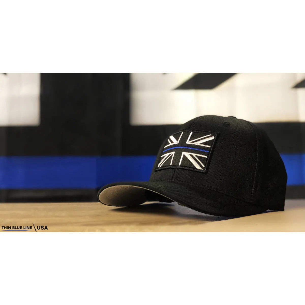 FlexFit UK Thin Blue Line Flag Hat, Black