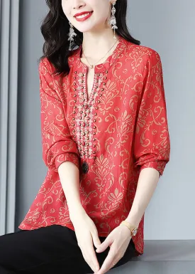 French Red V Neck Print Rivet Patchwork Silk Blouse Tops Spring TP1005