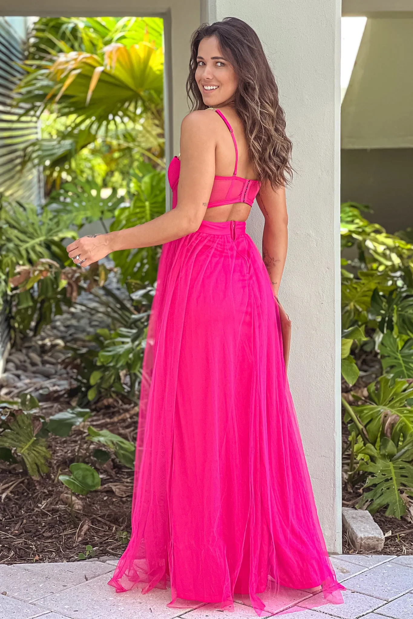 Fuchsia Tulle Maxi Dress With Corset Top