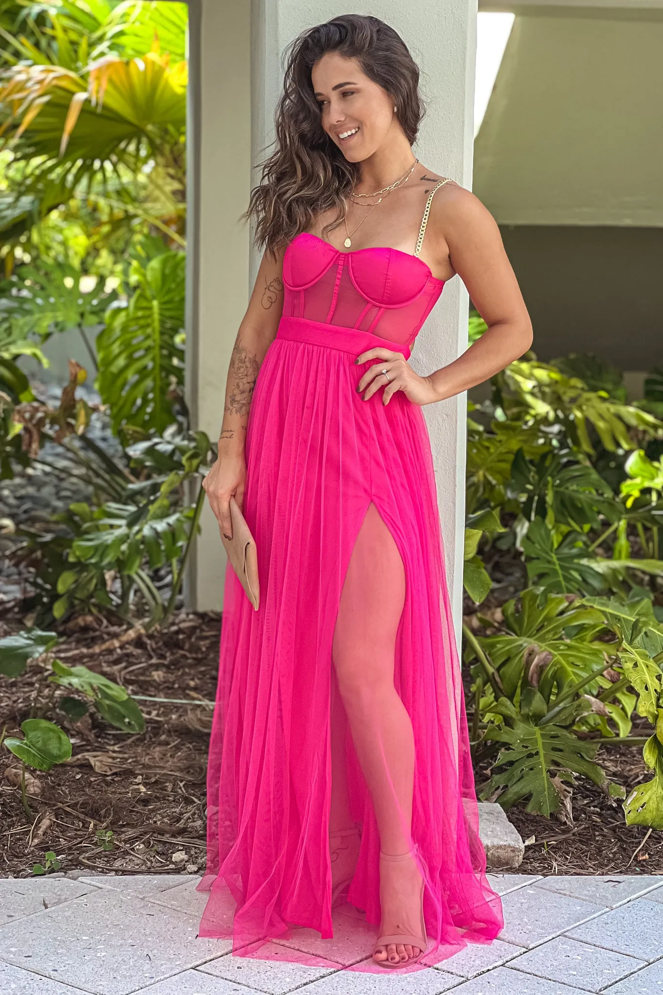 Fuchsia Tulle Maxi Dress With Corset Top