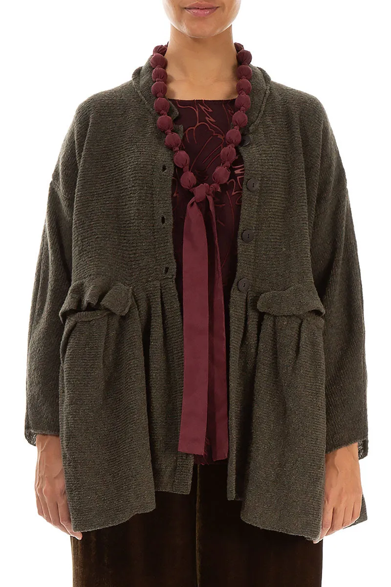 Gathered Pockets Khaki Wool Cardigan