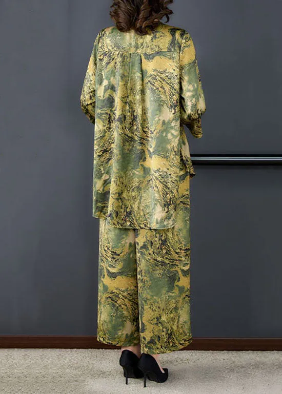 Green Print Pockets Silk Women Sets 2 Pieces Tops And Pants V Neck Summer LY5898