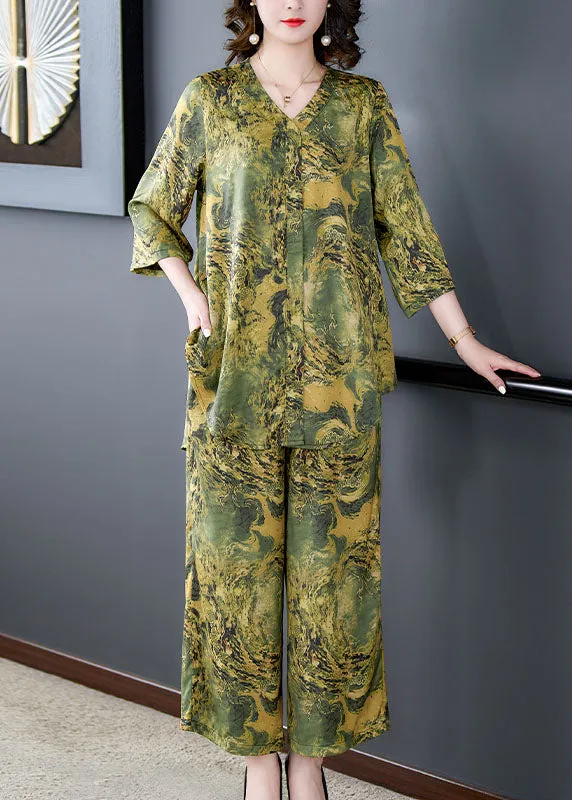 Green Print Pockets Silk Women Sets 2 Pieces Tops And Pants V Neck Summer LY5898