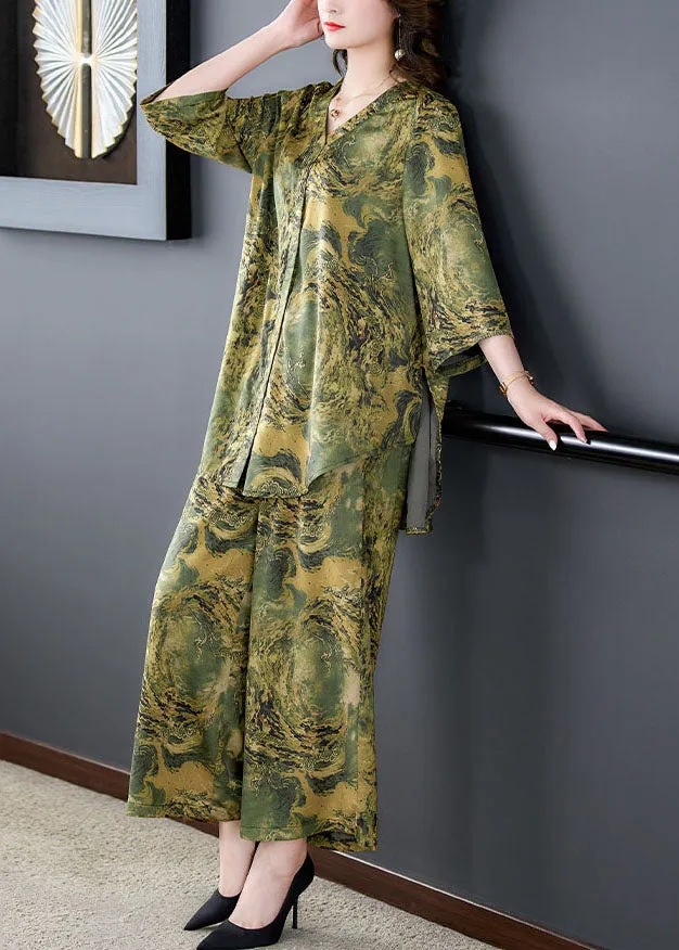 Green Print Pockets Silk Women Sets 2 Pieces Tops And Pants V Neck Summer LY5898