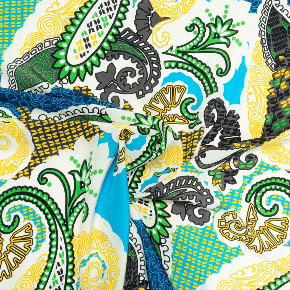 Green, Yellow & Blue Patchwork Printed Silk Crêpe de Chine