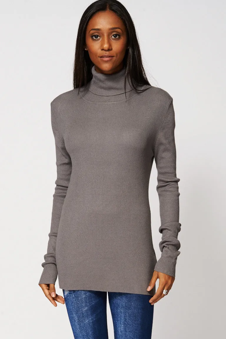 Grey Roll Neck Ribbed Fine Knit Long Jumper